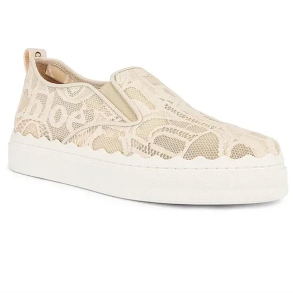 NEW $495 Chloé Lauren Logo Lace Slip-On Sneaker in MILD BEIGE, Size 9US/39EU - Picture 1 of 3
